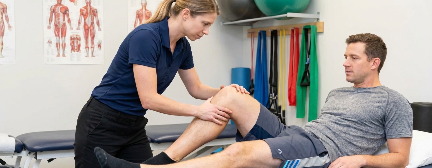 Therapist performing manual therapy assessment at a sports physical therapy clinic in Juno Beach